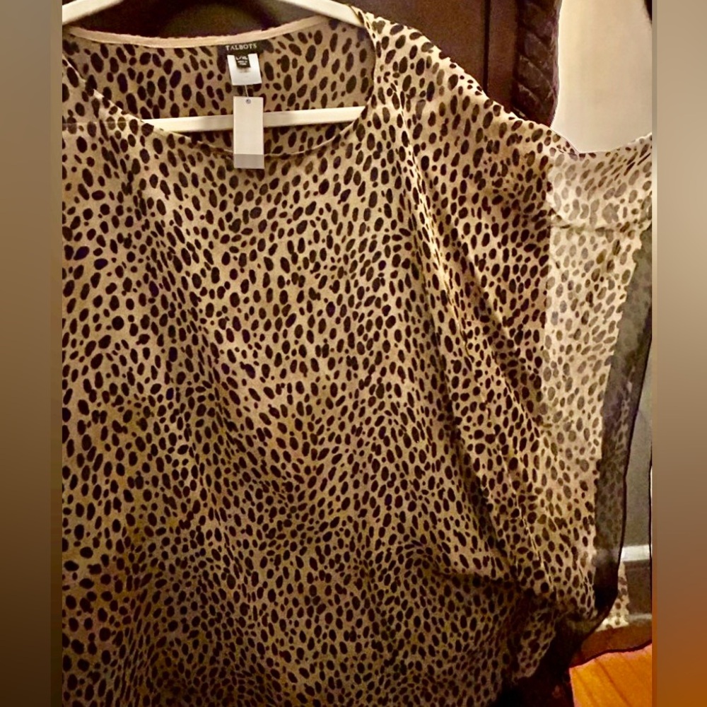 Talbots NWT Silk Chiffon 100% Top/Poncho L/XL Leopard print tan black border 🐆🐆
